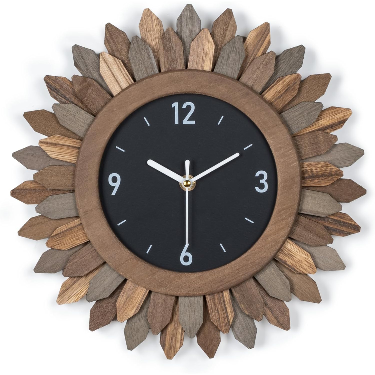 Wall Clock Battery Operated 12 In Rustic Wood Boho Sunburst Decorative Wall Clock Silent Non Ticking Farmhouse Small Wall Clocks For Living Room Kitchen Bathroom Bedroom Decor (Tricolor)