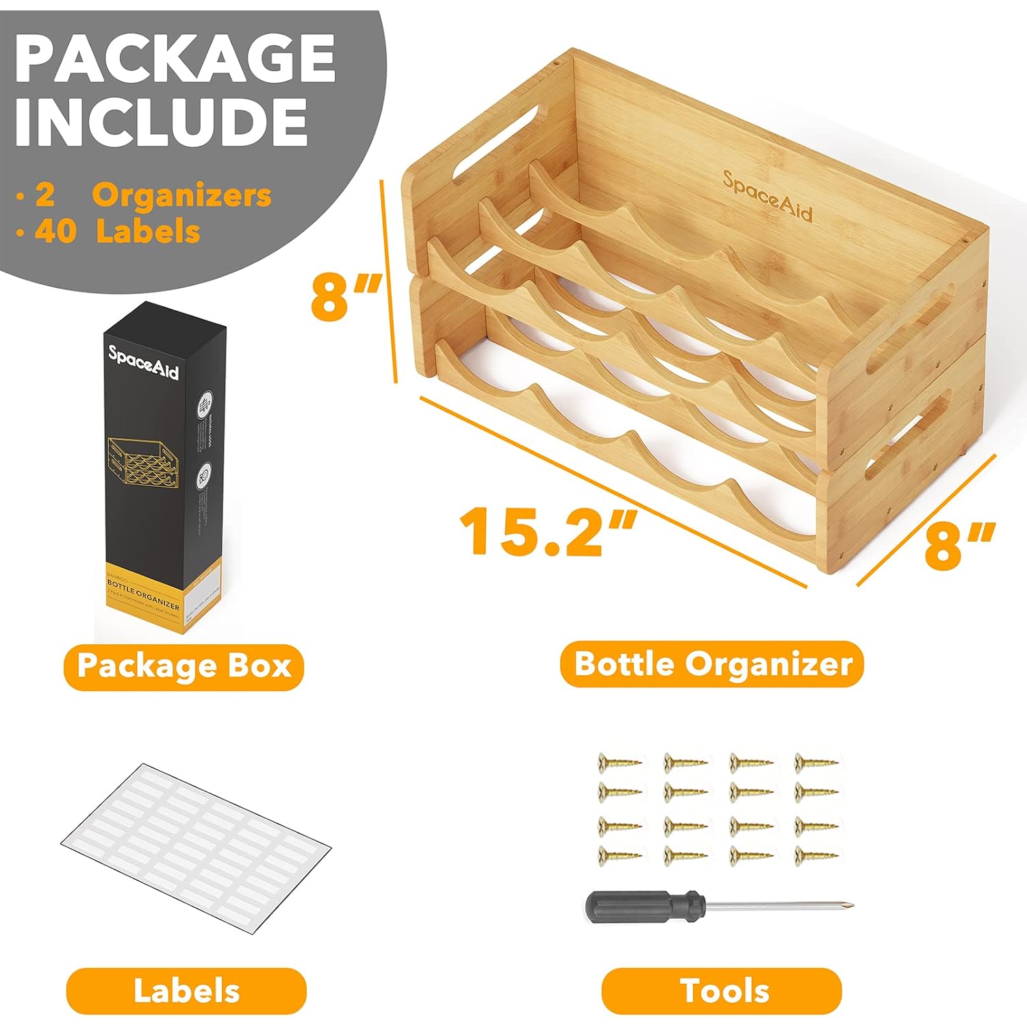 Spaceaid Bamboo Water Bottle Organizer With Labels, Kitchen Pantry Water Bottle Storage Rack For Cabinets, Home Cup And Wine Bottle Holder Shelf Organizers, 2 Pack 4-Slot, Hold 8 Bottles