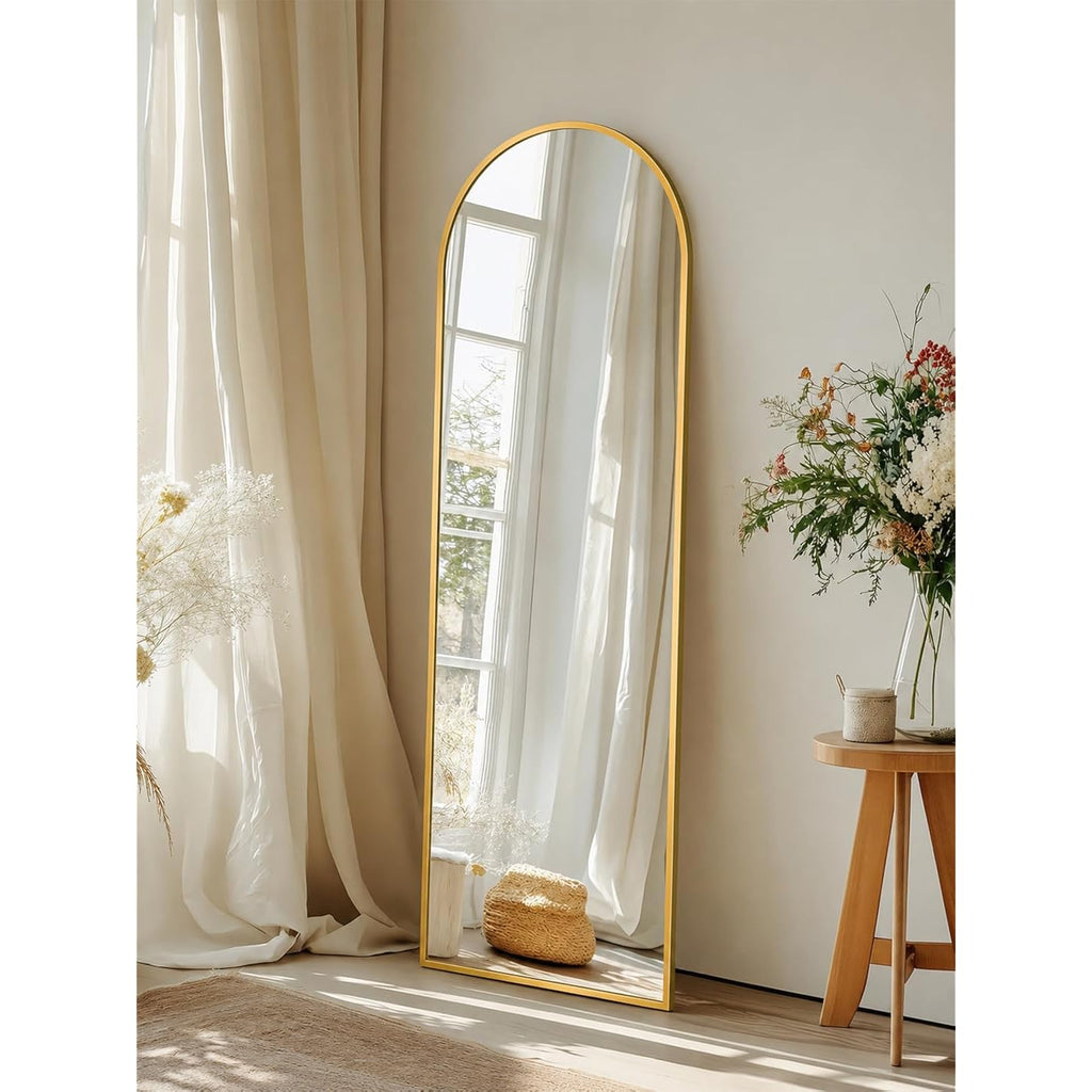 Full Length Mirror With Stand, 56"X14" Arched Full Body Mirror, Large Stand Up Aluminum Frame Floor Freestanding Hanging Leaning Mounted For Bedroom Living Room Entryway Gold