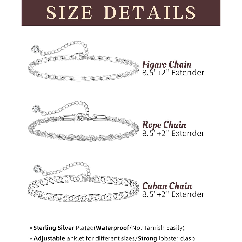 Sterling Silver Ankle Bracelets for Women Strong Lobster Clasp - Cuban Link, Figaro, Rope, Flat Mariner, Snake Herringbone, Satellite, Paperclip - Summer Beach Waterproof Silver Anklet