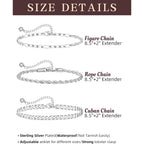 Sterling Silver Ankle Bracelets for Women Strong Lobster Clasp - Cuban Link, Figaro, Rope, Flat Mariner, Snake Herringbone, Satellite, Paperclip - Summer Beach Waterproof Silver Anklet