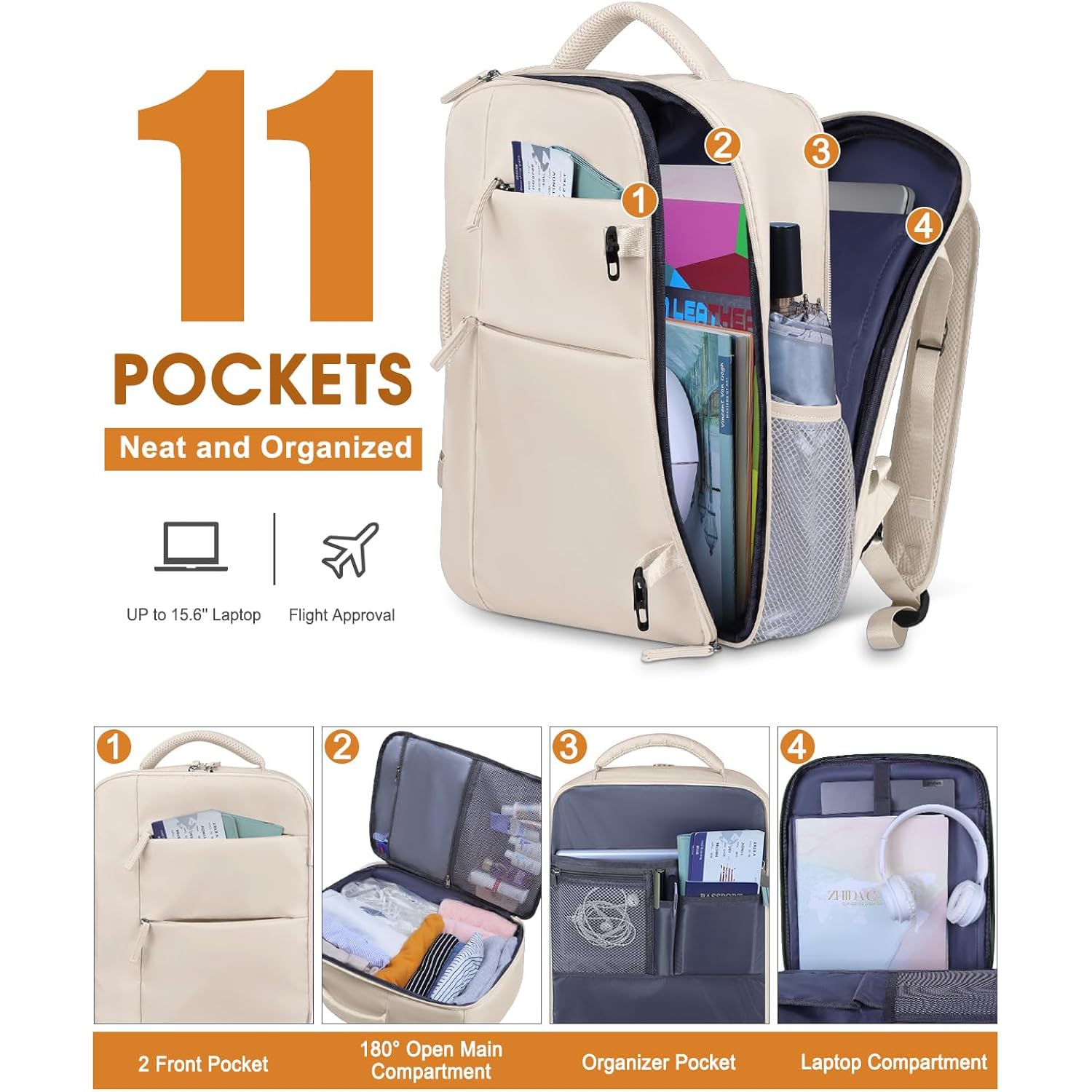 Travel Backpack For Women Men Waterproof Laptop Backpack Airlines Approved Carry On Backpack Bag Computer Bookbag For Business, Work, Traveling Fits 15.6 Inch Laptop(Beige)