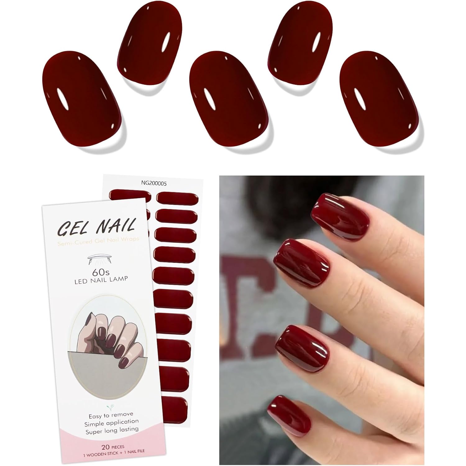 JMEOWIO Semi Cured Gel Nail Strips Wine Red Gel Nail Stickers Wraps UV/LED Nails Art Design Decoration Accessories