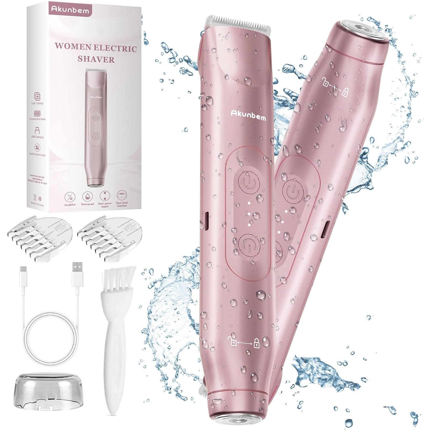 Akunbem 2 in 1 Women Electric Shaver Dual Head Bikini Trimmer for Women IPX7 Waterproof Wet & Dry Use Body Hair Trimmer and Facial Hair Remover for Bikini Underarm Leg Arm Body Face, Pink