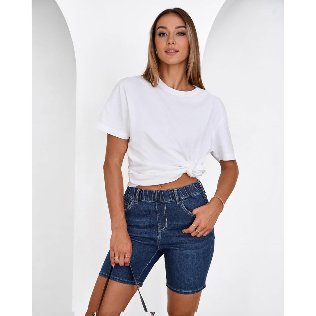 Jean Shorts for Women Mid Rise Pull On Elastic Waist Trendy Summer Jorts 7 Inch Inseam Stretchy Long Denim Shorts