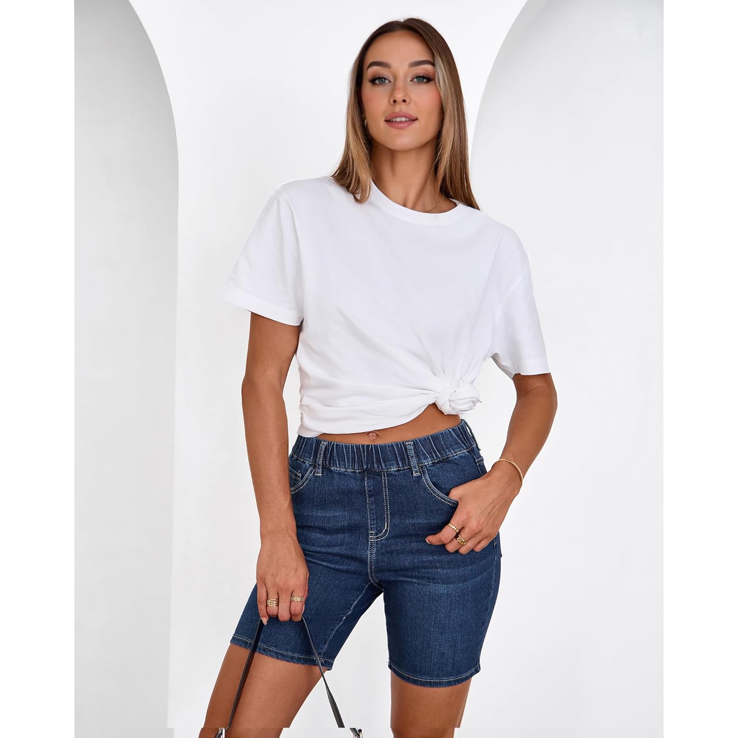 Jean Shorts for Women Mid Rise Pull On Elastic Waist Trendy Summer Jorts 7 Inch Inseam Stretchy Long Denim Shorts