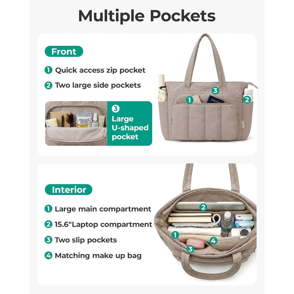 BAGSMART Tote Bag for Women, 2 Set Tote Bag with Zipper, Quilted Nurse Handbags for Work Travel College | 20L Capacity, 15.6'' Laptop Bag, with Cosmetic Bag, Carry on Bag, Nurse Gym Bag