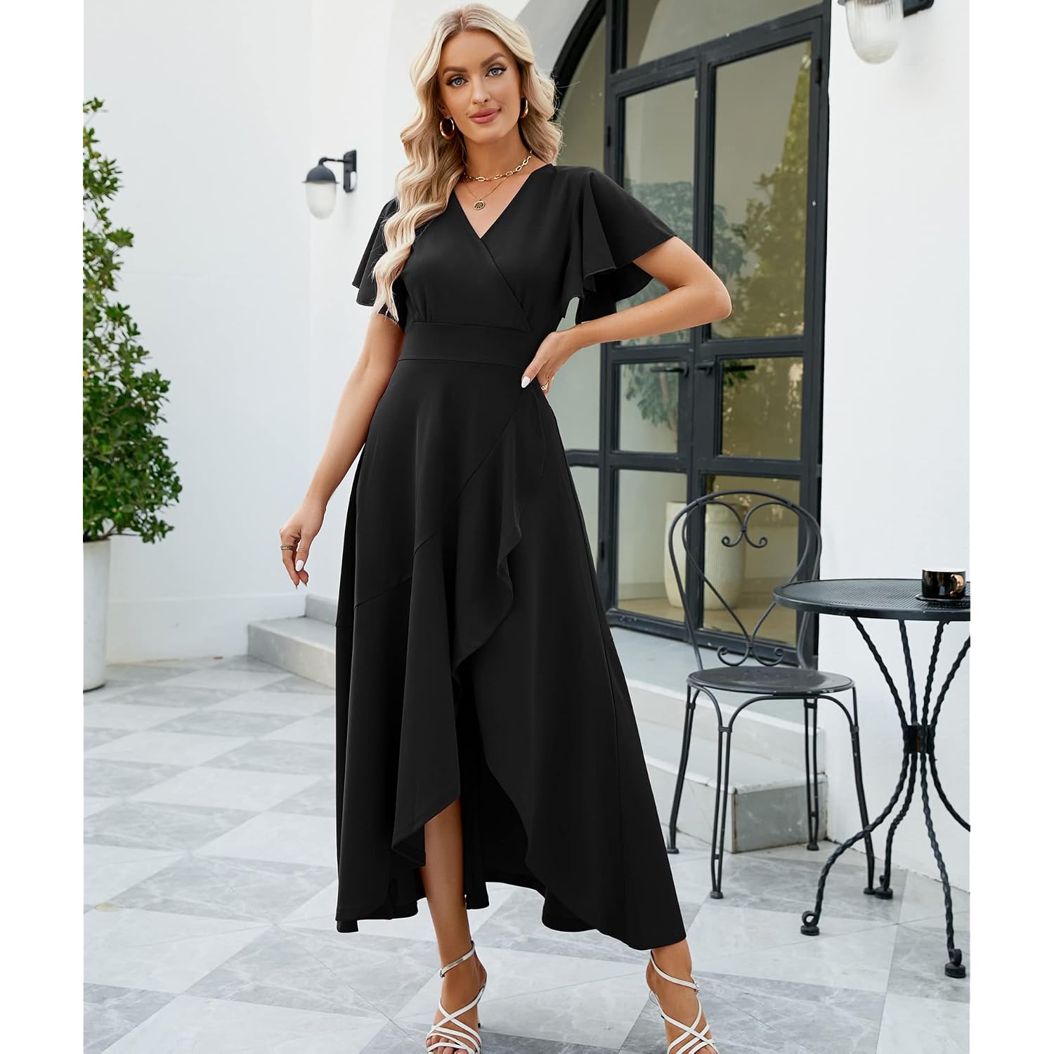 Long Black Formal Dresses For Women Gowns Evening Party Cocktail Dress,Split Elegant V Neck Wrap Ruffle Wedding Guest Dresses