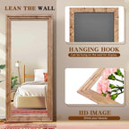 Full Length Mirror 76"X34" Solid Wood Frame Floor Large Mirror For Living Room, Bedroom Hanging Or Leaning Wall-Mounted, Light Brown