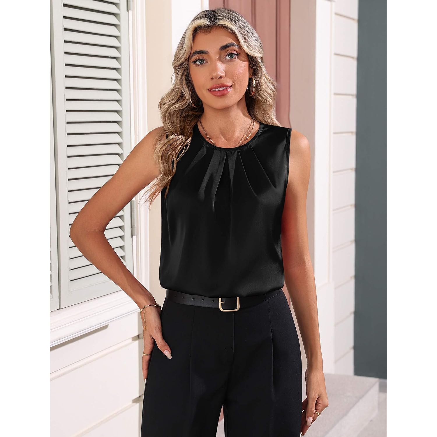 Zeagoo Womens Silk Satin Tank Tops Crew Neck Pleated Camisole Sleeveless Business Work Blouse Dressy Casual Summer Shirt