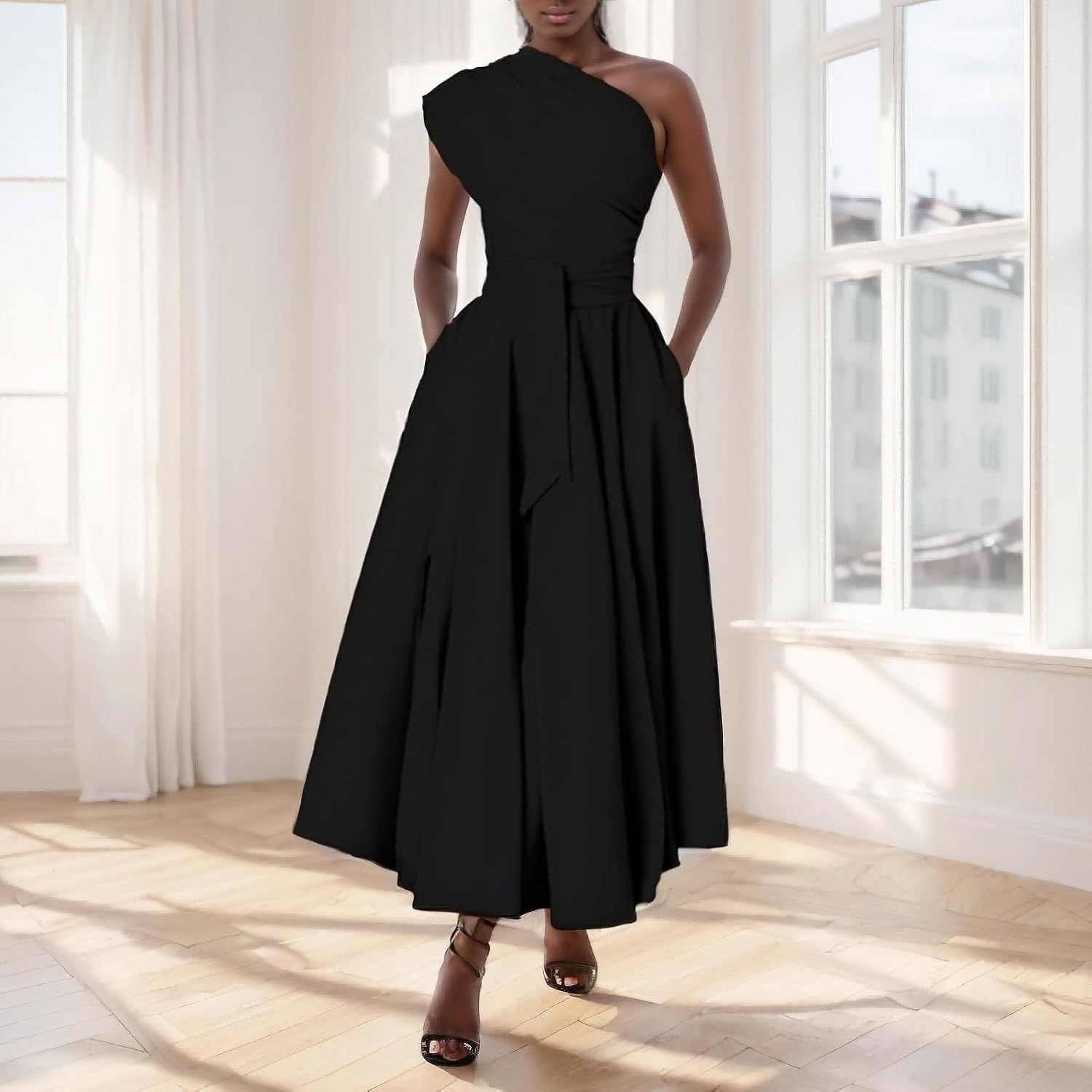 Kwunbwa One Shoulder Dresses For Women Elegant Asymmetrical A Line Flowy Formal Evening Gowns Party Cocktail Dress