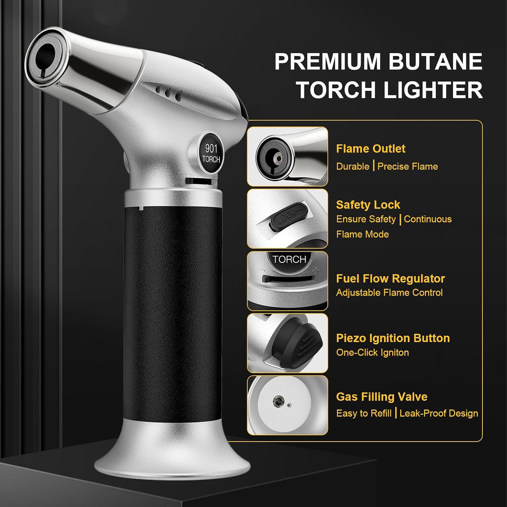 Butane Torch, Kitchen Torch Cooking Torch With Safety Lock & Adjustable Flame For Cooking, Bbq, Baking, Brulee, Creme, Diy Soldering(Butane Not Included)