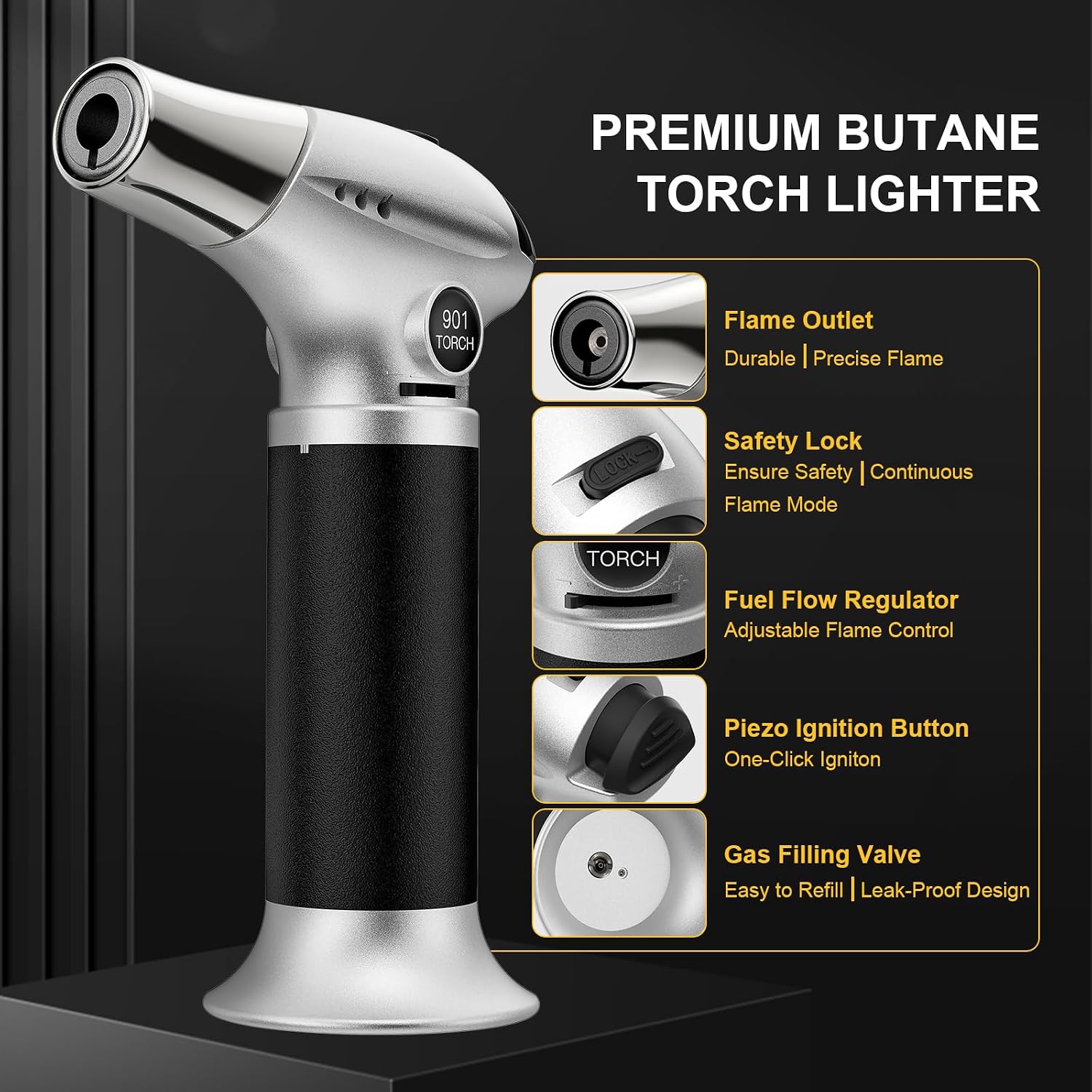Butane Torch, Kitchen Torch Cooking Torch With Safety Lock & Adjustable Flame For Cooking, Bbq, Baking, Brulee, Creme, Diy Soldering(Butane Not Included)