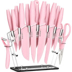 Astercook Knife Set with Block and Sharpener, 22 Piece Kitchen Knife Set Dishwasher Safe, Space-Saving Clear Knife Block with Knives for Everyday Home Cooking Pink