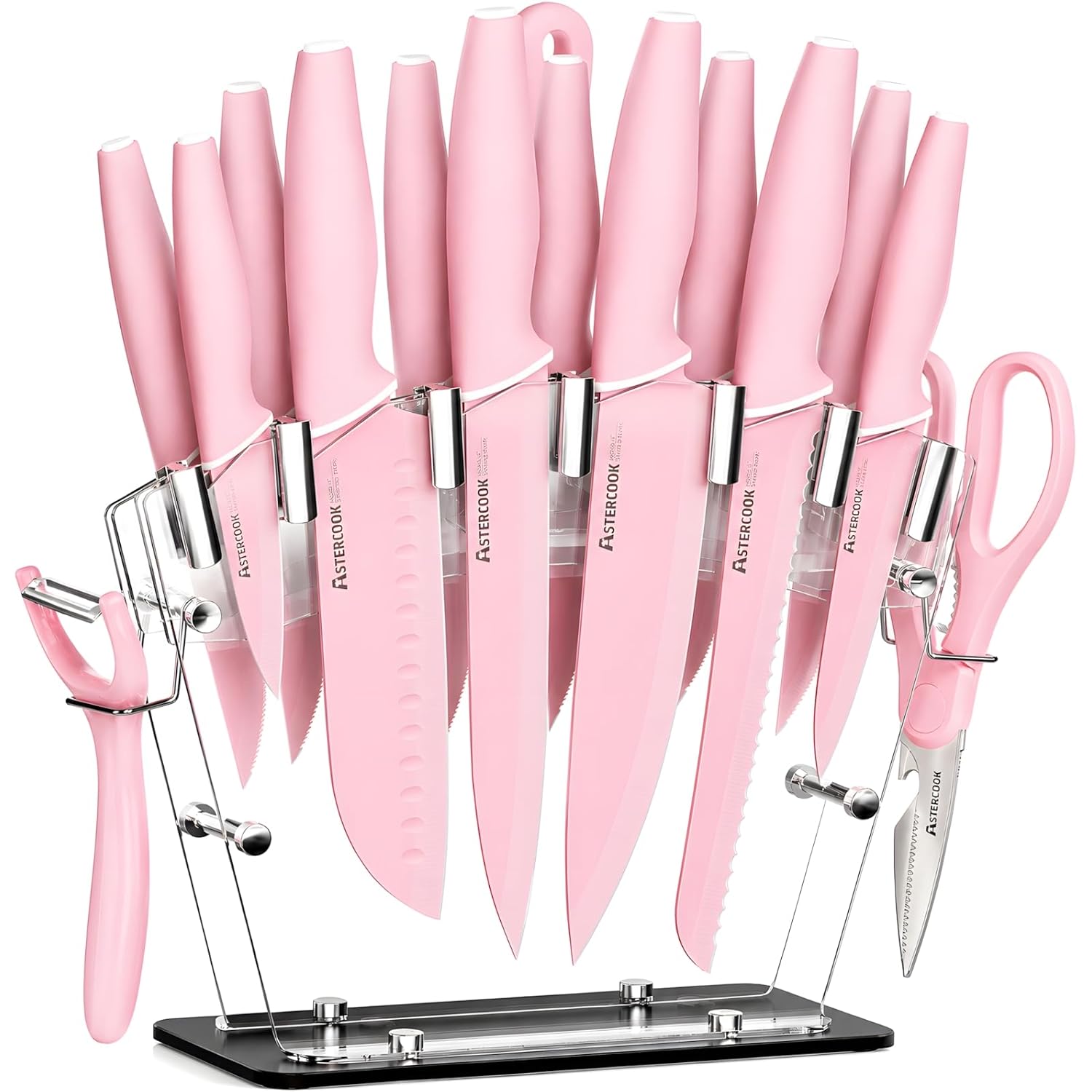Astercook Knife Set with Block and Sharpener, 22 Piece Kitchen Knife Set Dishwasher Safe, Space-Saving Clear Knife Block with Knives for Everyday Home Cooking Pink