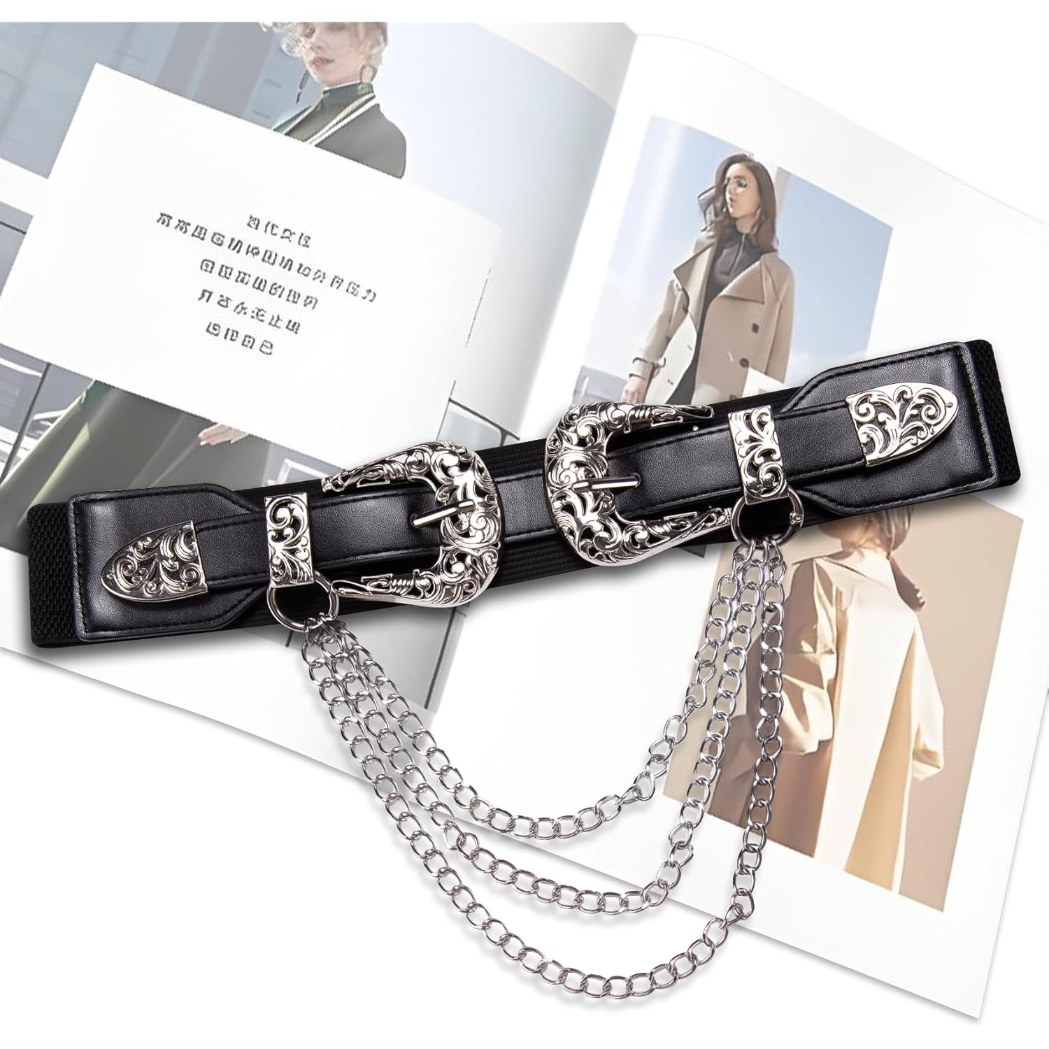 Dubulle Womens Belt Chain Leather Belts Vintage Western Adjustable Elastic Double Buckle for Cowboy Pant Dress