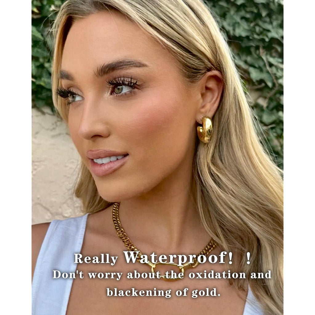 CONRAN KREMIX Waterproof Chunky Gold Hoops Earrings for Women Non Tarnish, Thick Gold Plated Circle Open Hoop,Lightweight Hollow Earrings Trendy