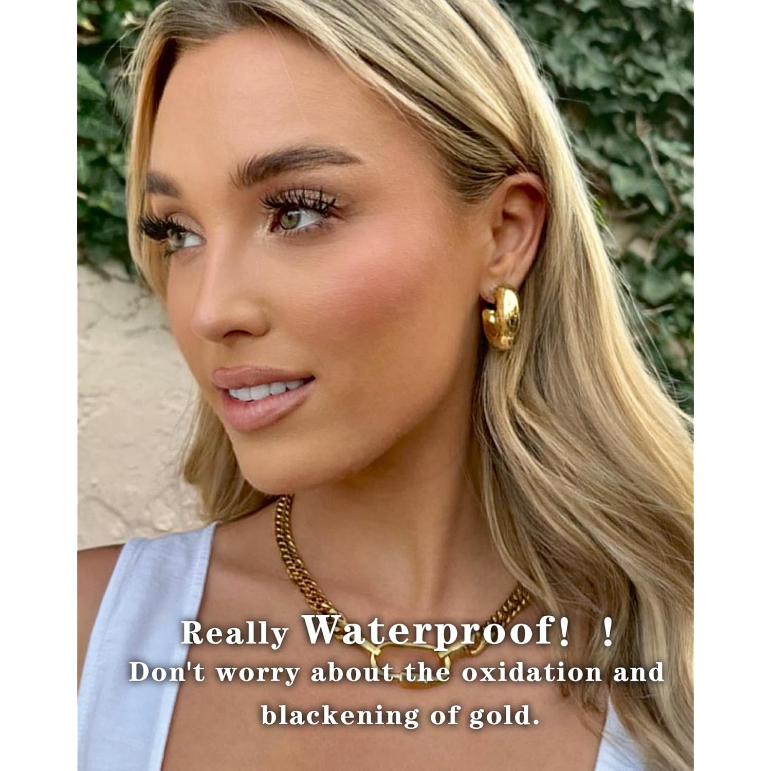 CONRAN KREMIX Waterproof Chunky Gold Hoops Earrings for Women Non Tarnish, Thick Gold Plated Circle Open Hoop,Lightweight Hollow Earrings Trendy
