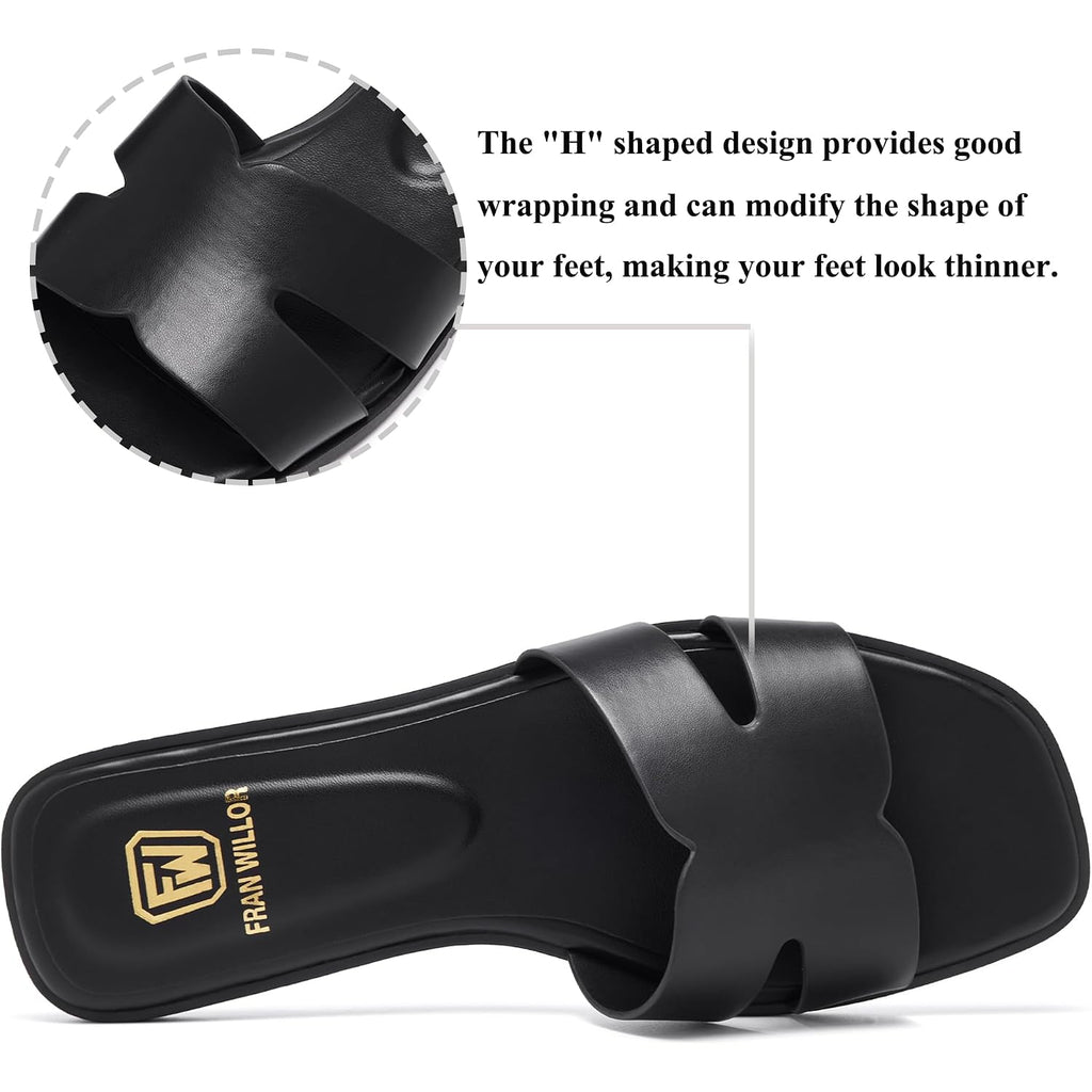 Women'S Flat Sandals Dressy Comfortable Slide Sandals Fashion Square Open Toe Slip On Beach Sandals For Summer
