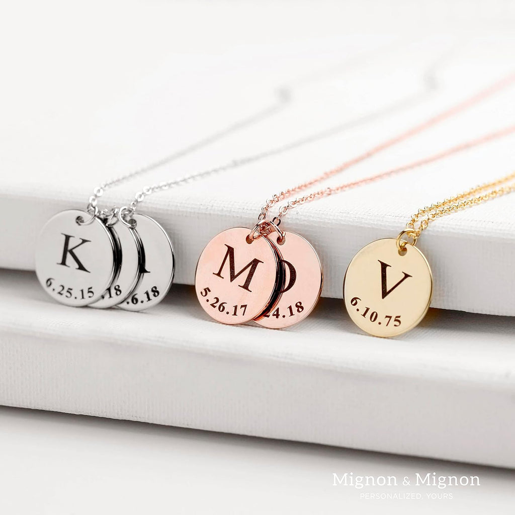 MignonandMignon Personalized Initial Necklace with Date Engraved | Gold Coin Disc Pendant for Women | Dainty Letter Necklace Gift for Mom Teen Girls Mothers Day Birthday