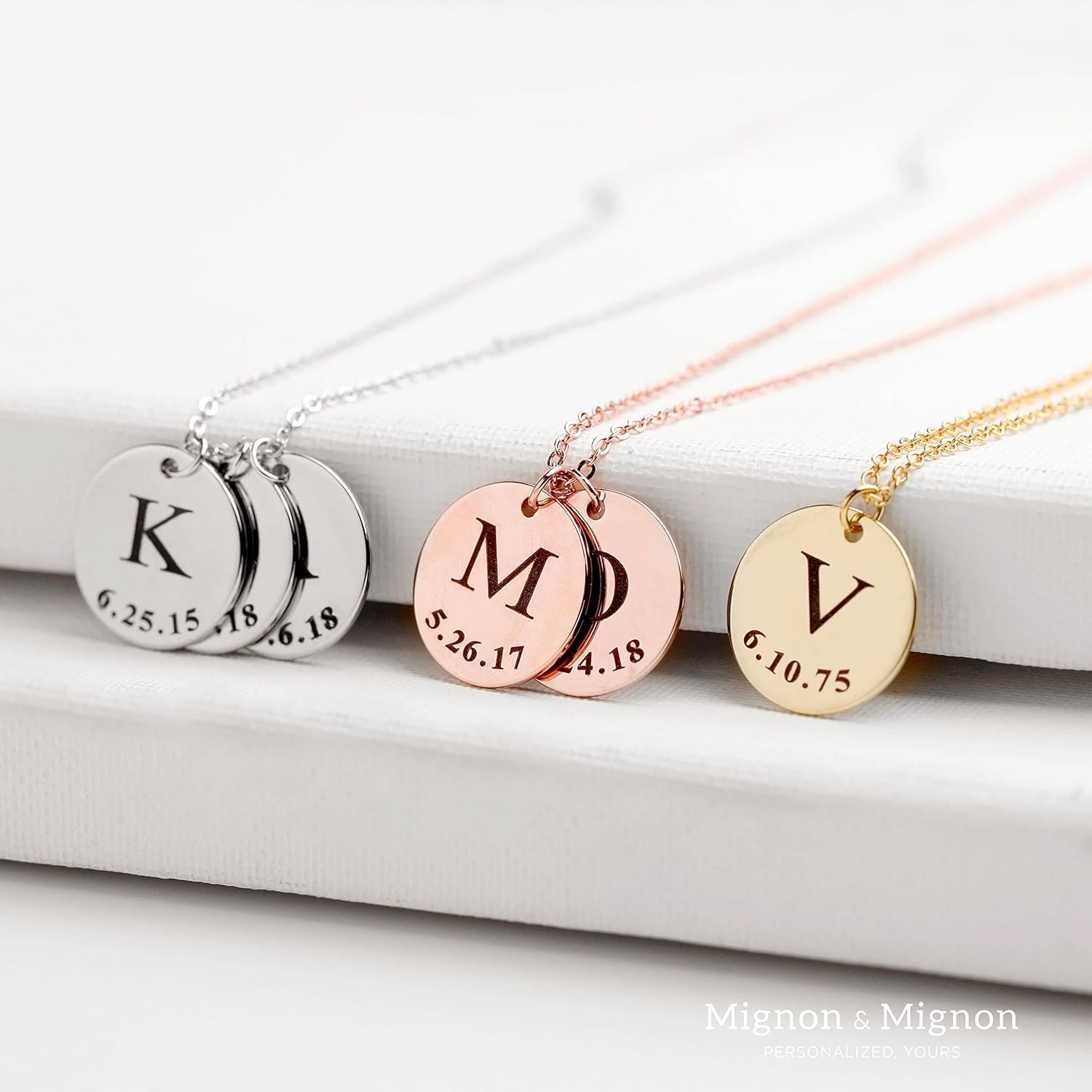 MignonandMignon Personalized Initial Necklace with Date Engraved | Gold Coin Disc Pendant for Women | Dainty Letter Necklace Gift for Mom Teen Girls Mothers Day Birthday