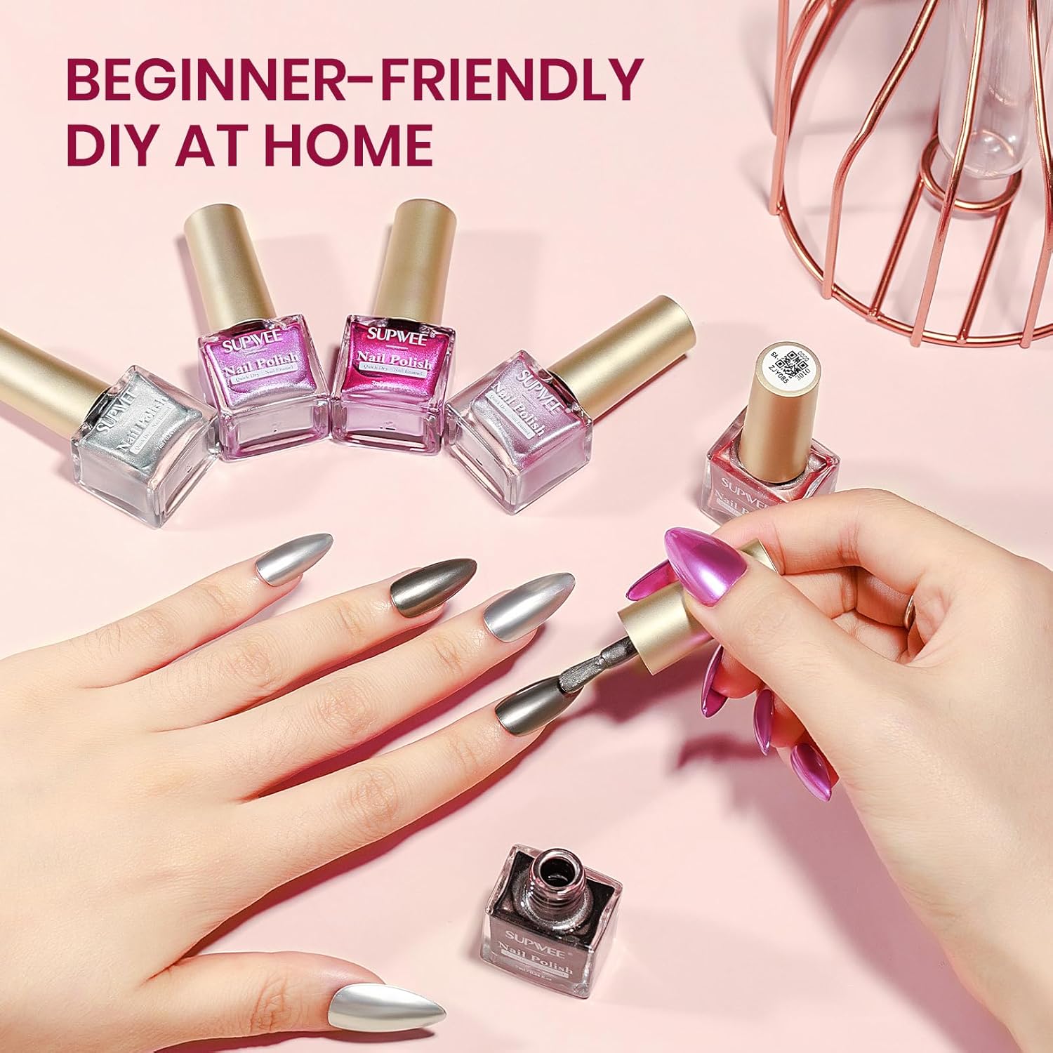 Metallic Nail Polish Set, Mirror Nail Polish Non Gel Quick Dry & High Gloss Chrome Effect Mini Air Dry Nail Lacquer Fingernail Toe Nails for Women Girls Manicure Salon DIY Home