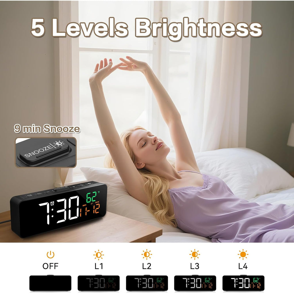 3-In-1 Digital Clocks For Living Room With Temperature, Date & Time Display - 4 Levels Birghtness, 3 Volumes, Small & Compact Plug-In Alarm Clock For Bedroom, Office (Black)
