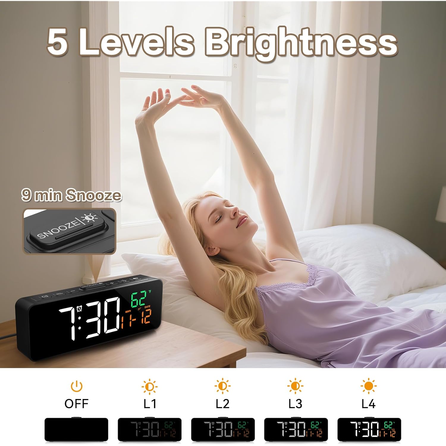 3-In-1 Digital Clocks For Living Room With Temperature, Date & Time Display - 4 Levels Birghtness, 3 Volumes, Small & Compact Plug-In Alarm Clock For Bedroom, Office (Black)