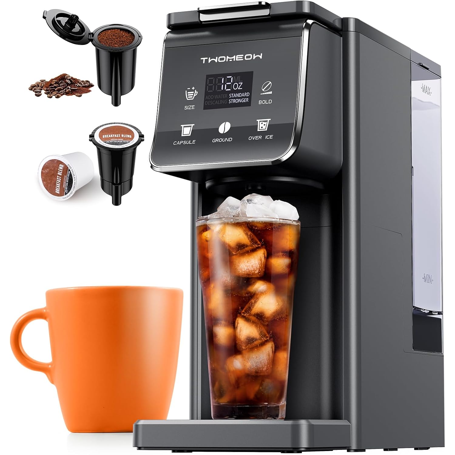 K Cup Coffee Maker With Bold Setting, Single Serve Hot & Iced Coffee Maker for K-Cup and Grounds, 52 Oz Removable Water Tank, 6 to 14oz Brew Size, Pod Coffee Machine With Reusable Filter, Gray