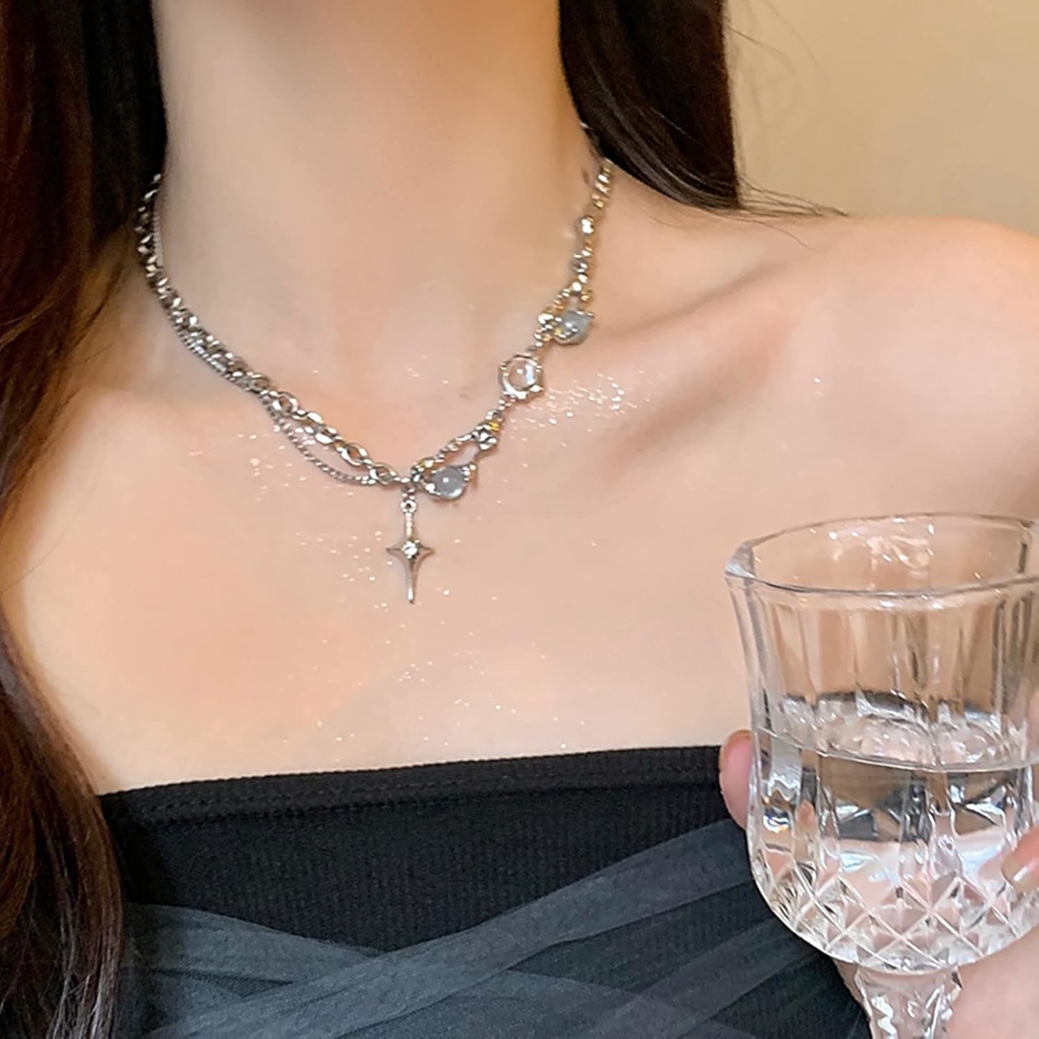 Y2k Irregular Necklace Star Pendant Moonlight Stone Fashion Collar Chain Design Spicy Silver Jewelry for Women