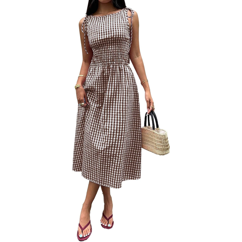 Acelitt Summer Maxi Dresses For Women 2026 Smocked Waist Gingham Dress Flowy A Line Beach Long Sundresses With Pockets
