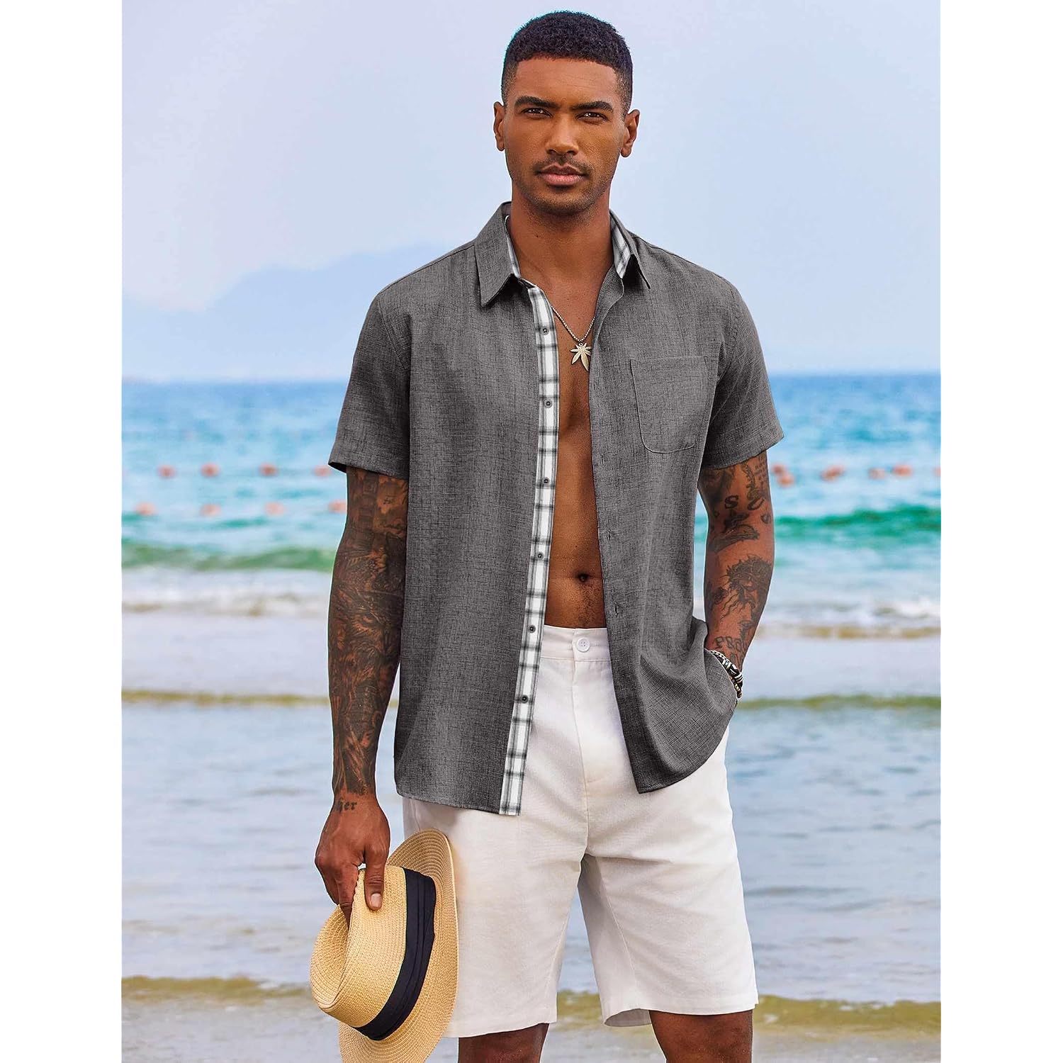 Coofandy Men'S Button Down Shirts Short Sleeve Casual Summer Beach Vacation Wedding Shirt With Pocket