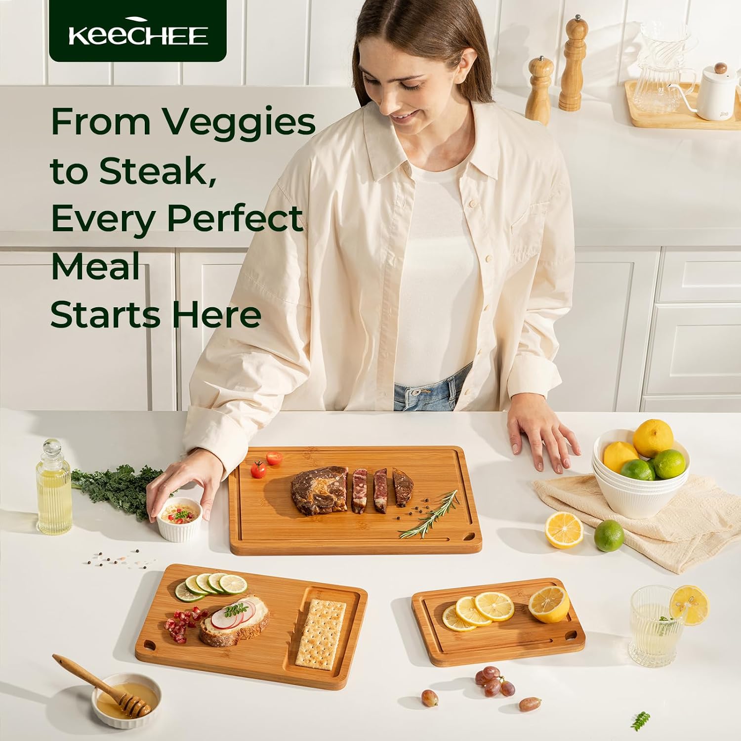 Keechee Bamboo Cutting Board, Durable Wood Cutting Boards For Kitchen With Deep Juice Grooves & Built-In Handles, Ideal Charcuterie & Chopping For Meat, Vegetables And Fruits Ideal Kitchen Gifts