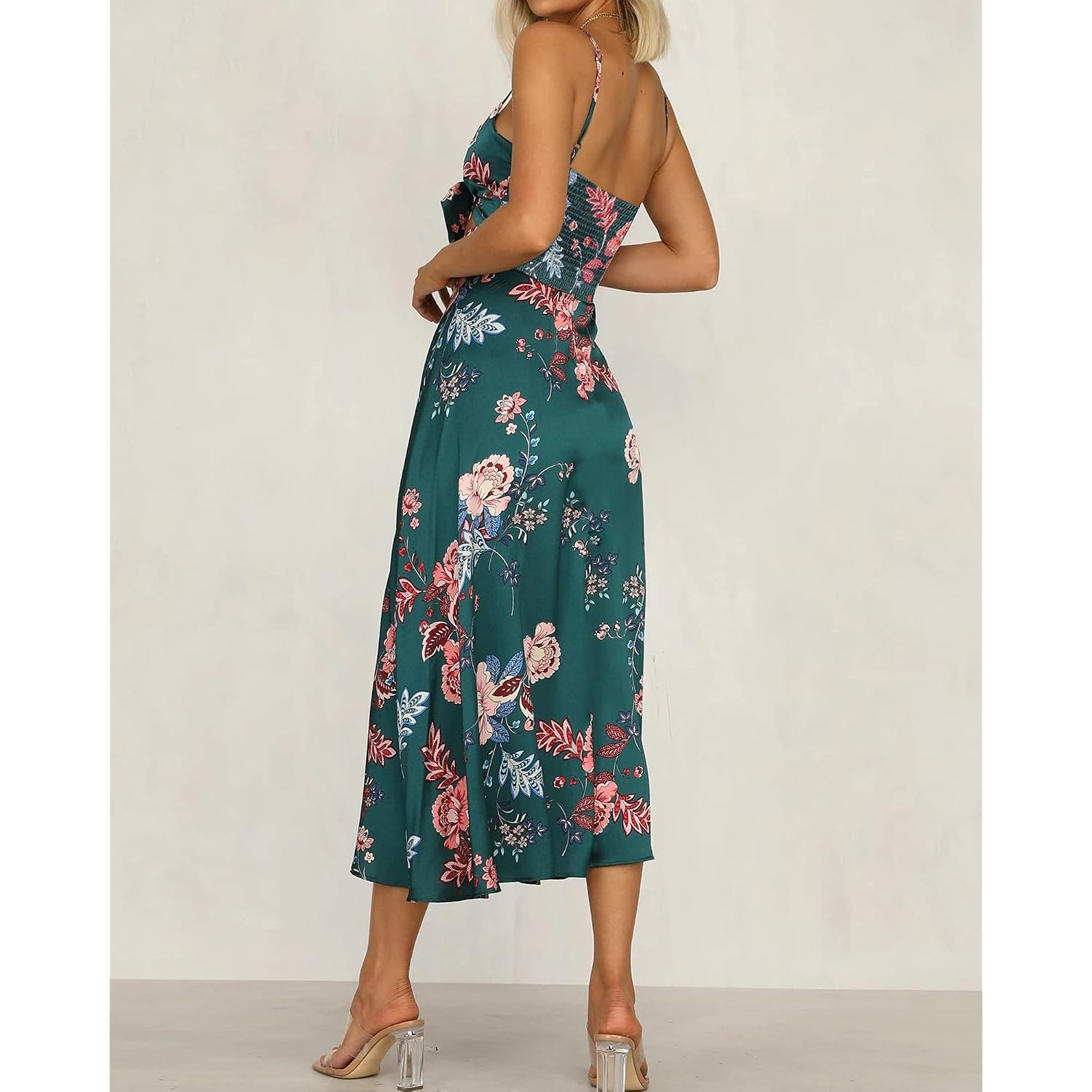 Fashionme Women Spaghetti Strap Midi Satin Dresses Tie Front Backless Slit Cutout Dress Semi-Formal/Casual Flowy Lightweight