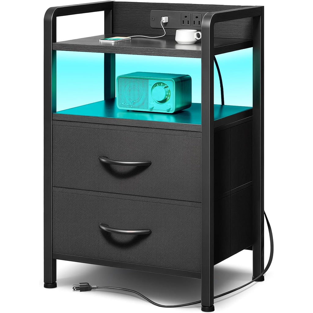 Lazzanto Night Stand Bedside Charger Bedroom - Nightstand with Charging Station & LED Light Strip, Night Stand with Storage Shelf & 2 Fabric Drawers, Morden End Table with U-S-B Ports & AC Outlets