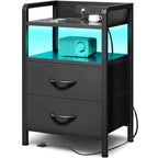 Lazzanto Night Stand Bedside Charger Bedroom - Nightstand with Charging Station & LED Light Strip, Night Stand with Storage Shelf & 2 Fabric Drawers, Morden End Table with U-S-B Ports & AC Outlets
