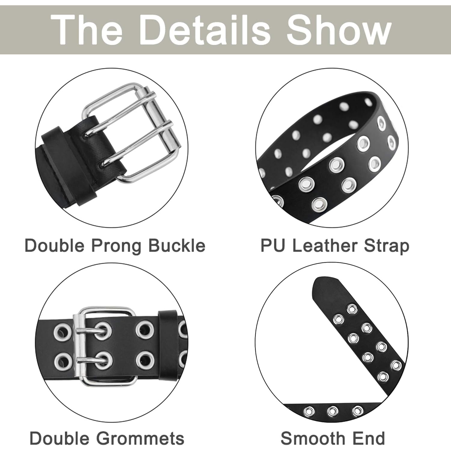 Grommet Leather Belts for Women, Black Belt Women Men with Double Holes