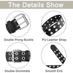 Grommet Leather Belts for Women, Black Belt Women Men with Double Holes