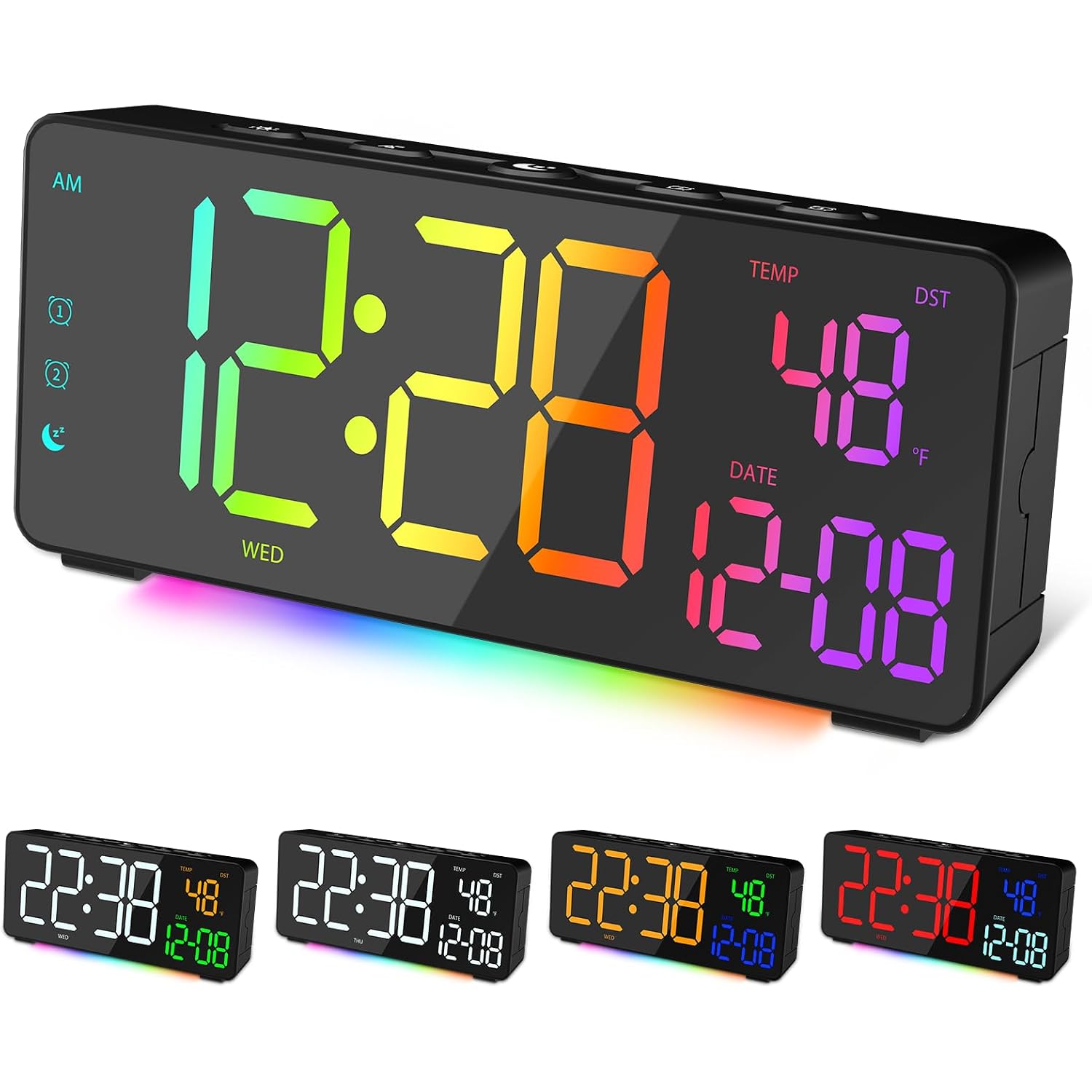 Digital Alarm Clocks For Bedrooms, Rgb Desk Clock With 15 Color Display, Date Temperature And Weekday, Dst, Snooze, 2 Alarms, Ambient Lighting For Living Room, Bedside Office Gaming Desk Decor