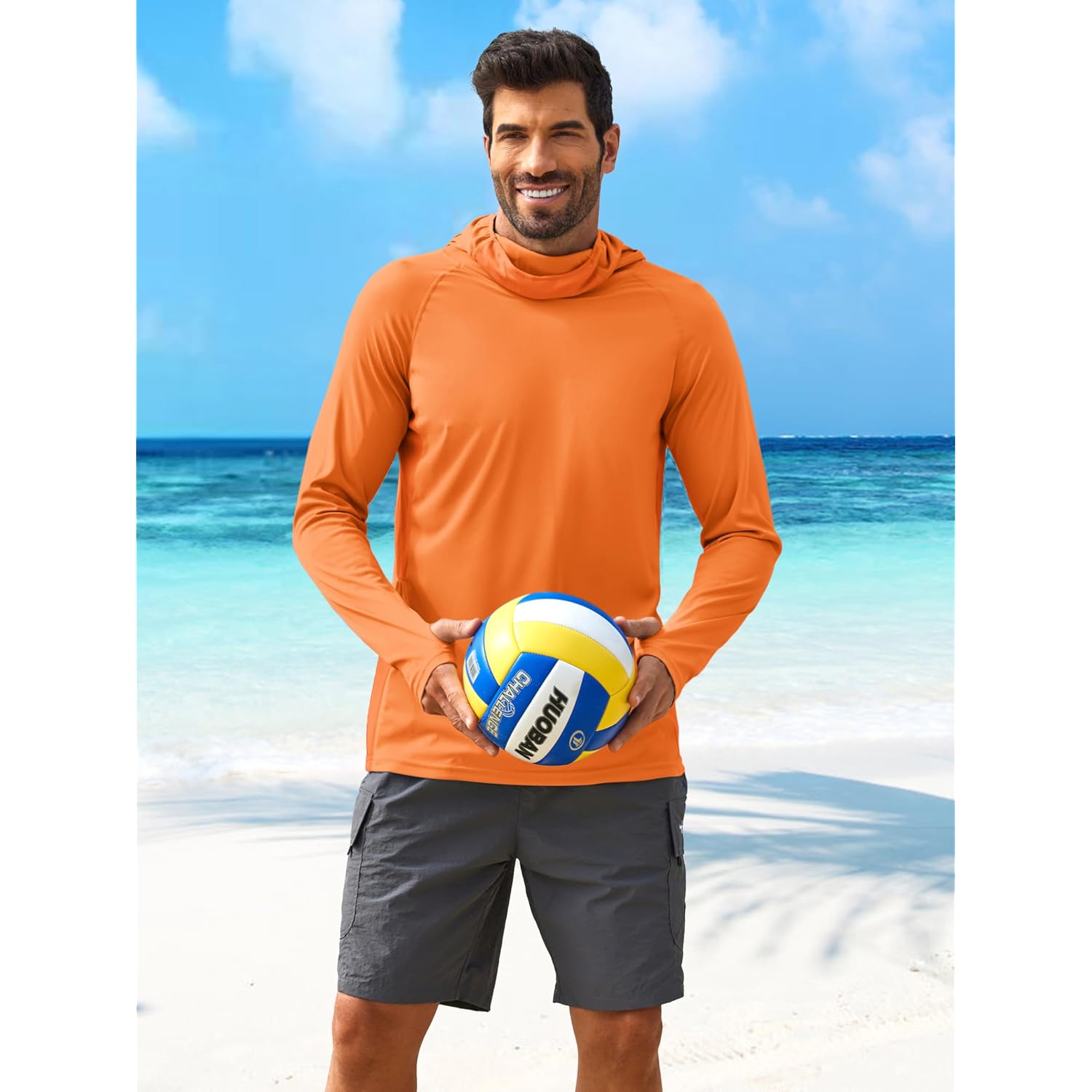 Pinspark Men'S Sun Protection Hoodie With Mask Upf 50+ Uv Long Sleeve Shirt Men Rash Guard Performance Fishing Hiking Shirt
