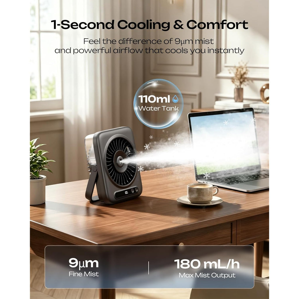 Otlonpe Portable Desk Misting Fan, 5000Mah Rechargeable Battery Powered, Powerful Desk Fan With Mist, 5 Speeds, 110Ml Water Tank, 6.5 Inch Personal Cooling Mister Fans For Travel Home Office Bedroom