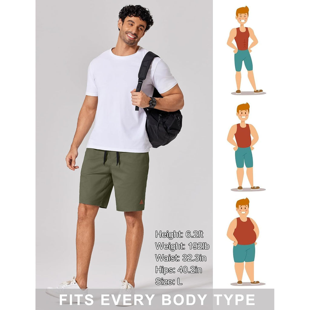 Coofandy Mens 9" Casual Shorts With Zipper Pocket Elastic Waist Drawstring Chinos Short Summer Lightweight Cotton Shorts