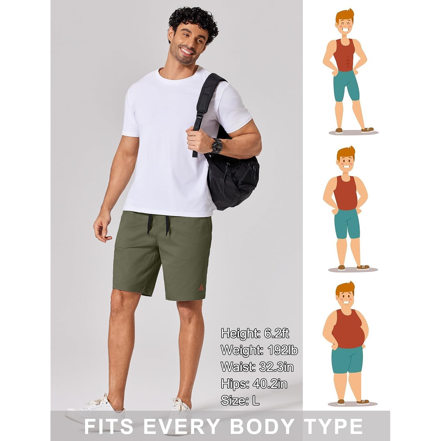 Coofandy Mens 9" Casual Shorts With Zipper Pocket Elastic Waist Drawstring Chinos Short Summer Lightweight Cotton Shorts