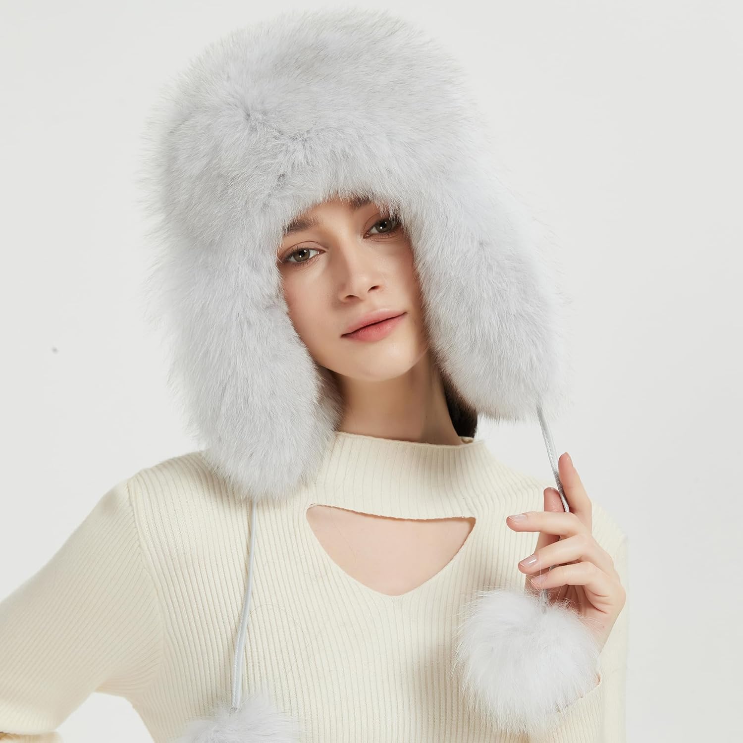 Women Real Fur Trapper Hat Sheepskin Leather Aviator Hat Ear Flaps Ushanka Hat Snow Hat with Pom Pom