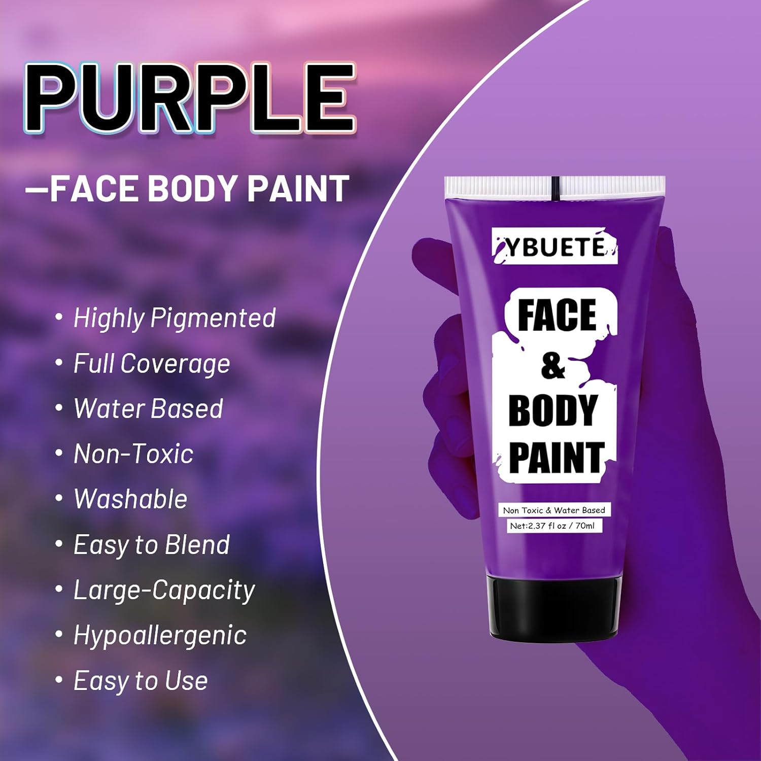 YBUETE Purple Water Based Face Body Paint, 2.37 OZ Large Tube Full Coverage Face Paint for Sorcerer Evil Empress Cosplay SFX Makeup, Washable Purple Body Painting for Adult Costume Halloween Party