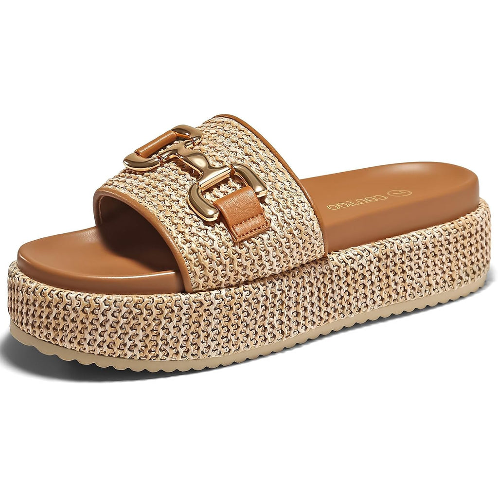Coutgo Womens Platform Sandals Raffia Espadrilles Metal Chain Slip On Open Toe Cute Beach Slide Sandals