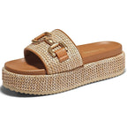 Coutgo Womens Platform Sandals Raffia Espadrilles Metal Chain Slip On Open Toe Cute Beach Slide Sandals