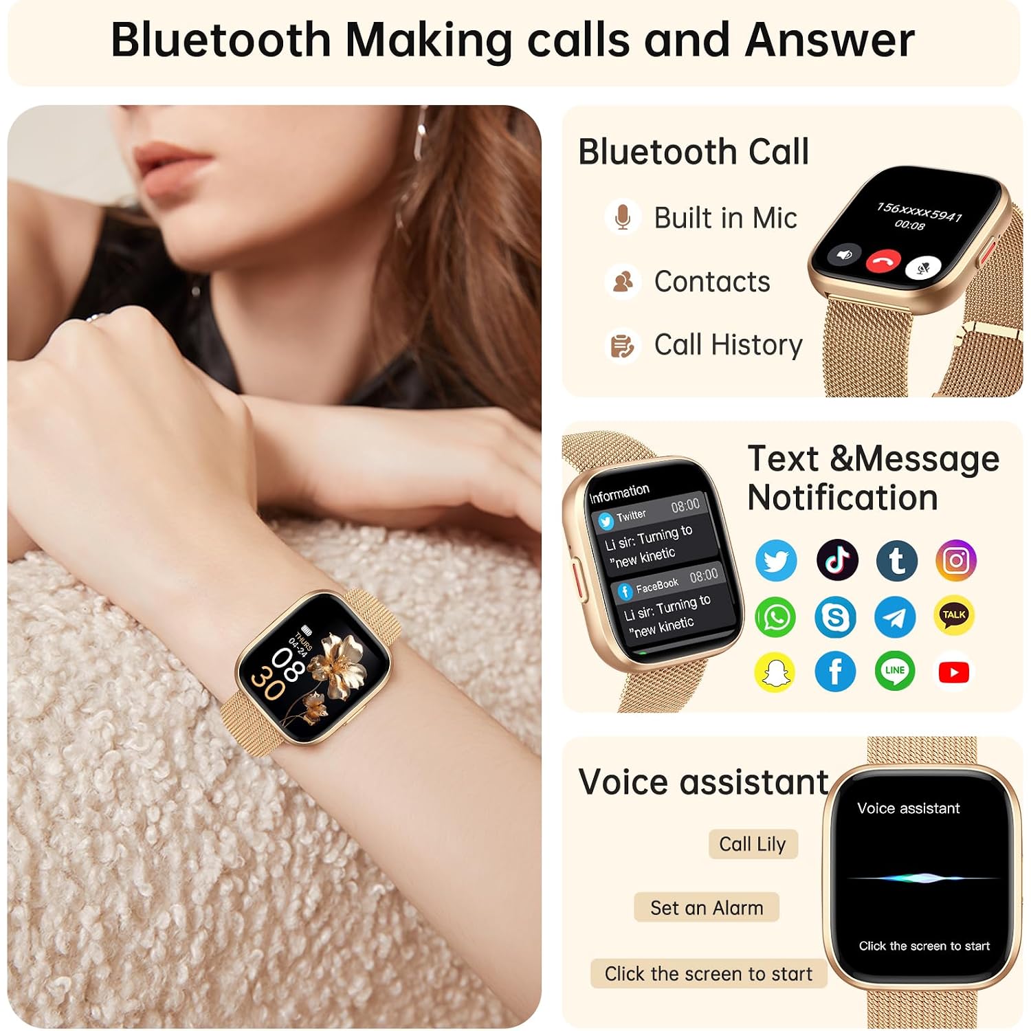 Smart Watches For Women, 1.91" Hd Fitness Tracker (Answer/Make Calls), Ip68 Waterproof, 120+ Sport Modes With Heart Rate And Sleep Monitor, Fitness Watch For Iphone/Android