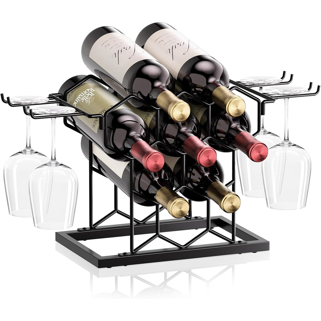 B4Life Countertop Wine Rack, Wine Rack With Glass Holder 8 Bottles | Freestanding Small Liquor Holder Metal, Tabletop Bottle Storage Stand For For Home, Kitchen, Bar, Cellar