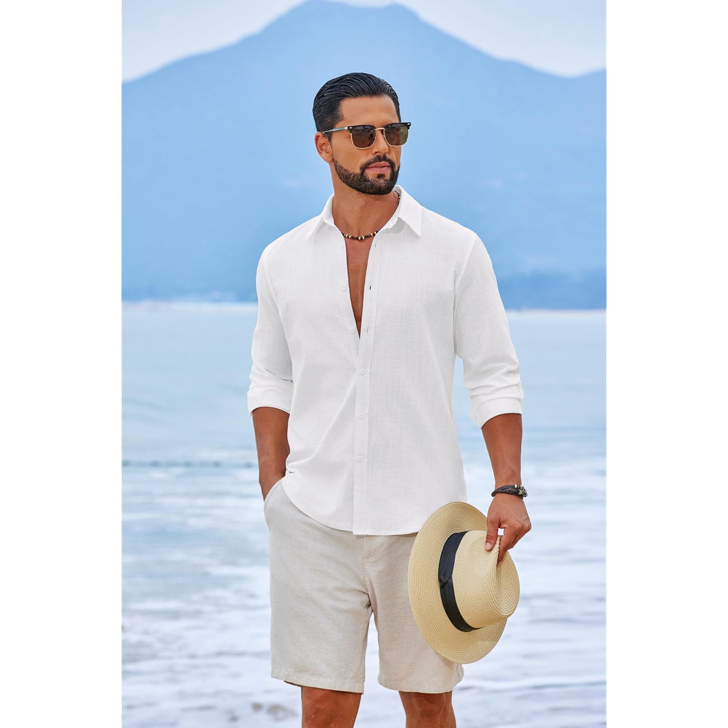 Coofandy Men'S Casual Button Down Shirts Long Sleeve Cotton Beach Wedding Shirt Summer Linen Shirt For Men